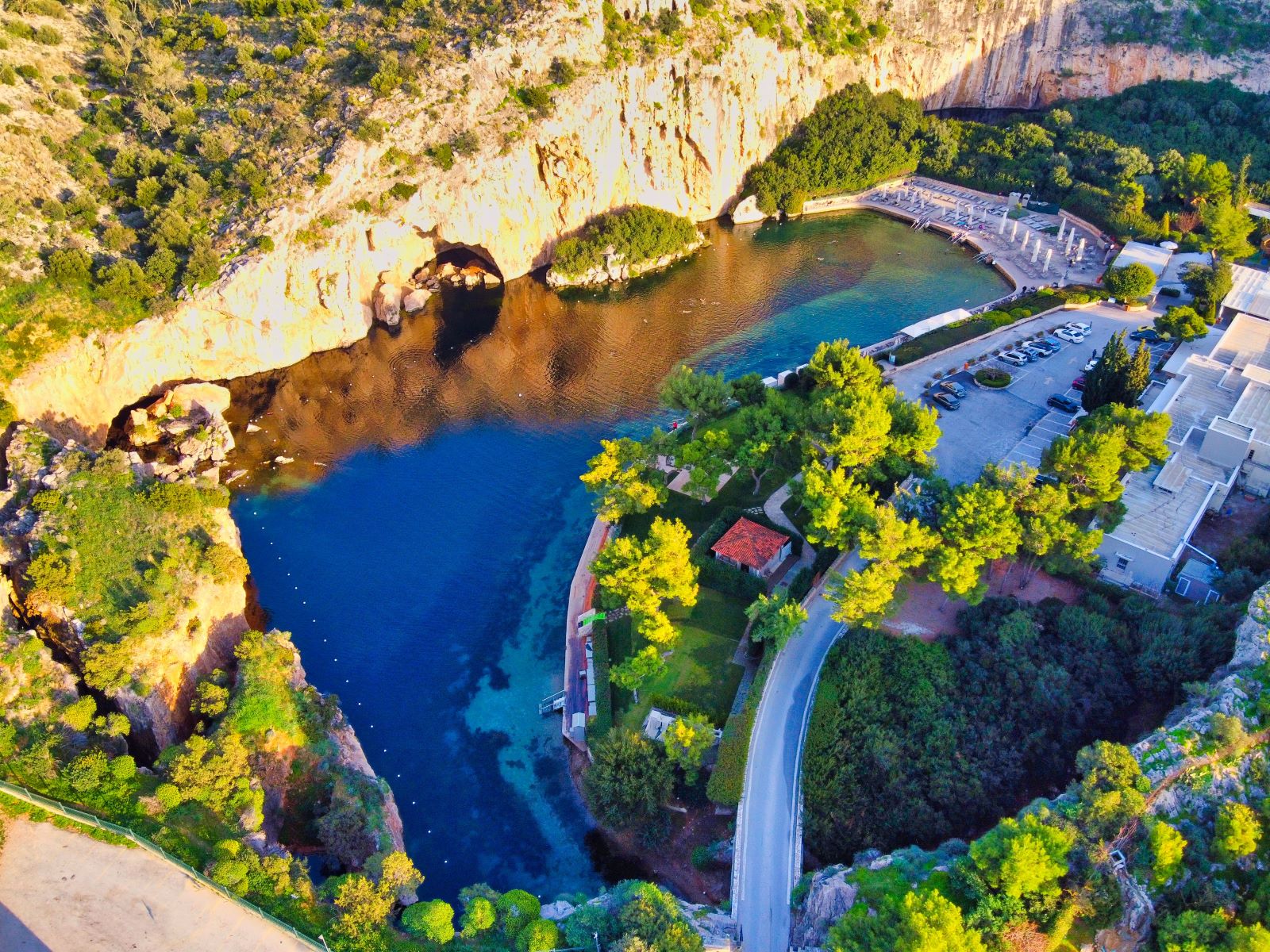 vouliagmeni.lake drone shot of lake vouliagmeni